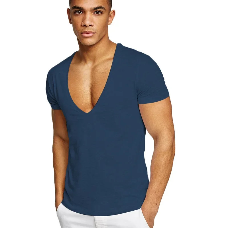 Men's T-Shirt Deep V-Neck Cotton Fitness Leisure Solid Color Tops Tees gallery