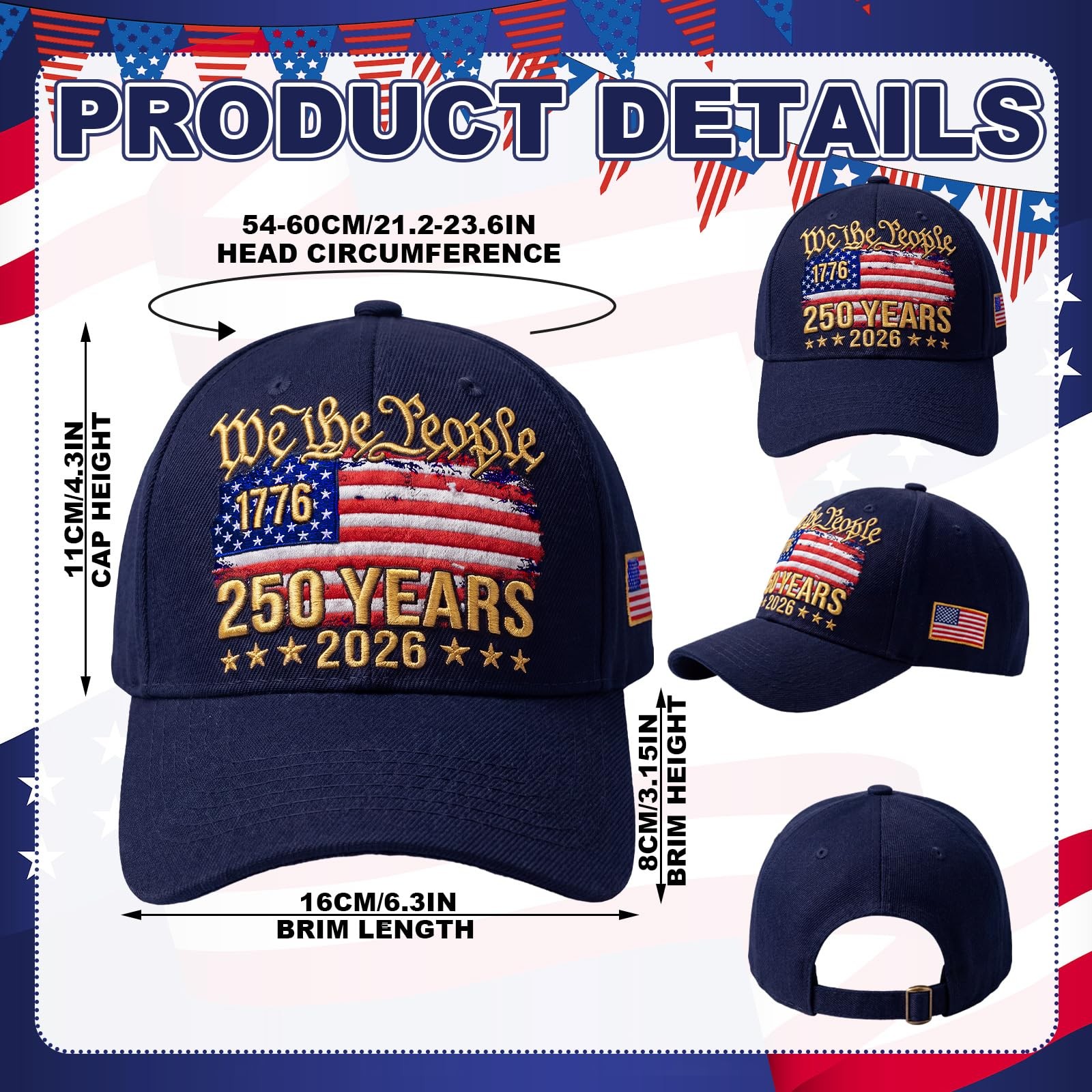 250th Anniversary USA Hat Patriotic Embroidered Baseball Cap Adjustable Anniv... gallery