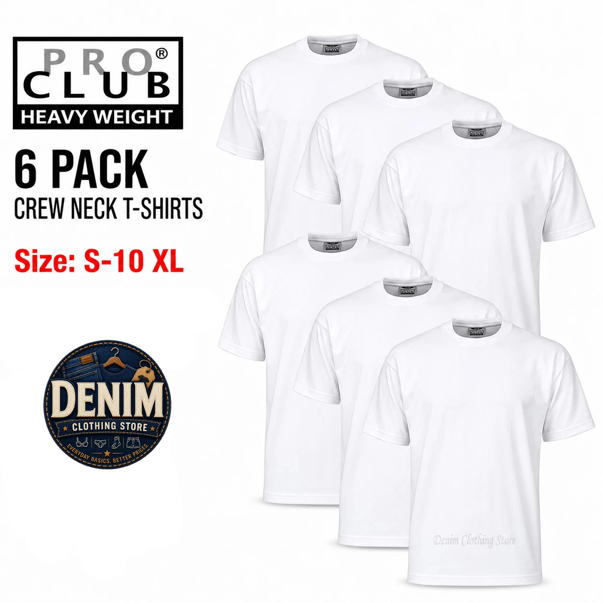 6 Pack Pro Club Men’s Heavyweight 100% Cotton White Crew Neck T Shirts Tee