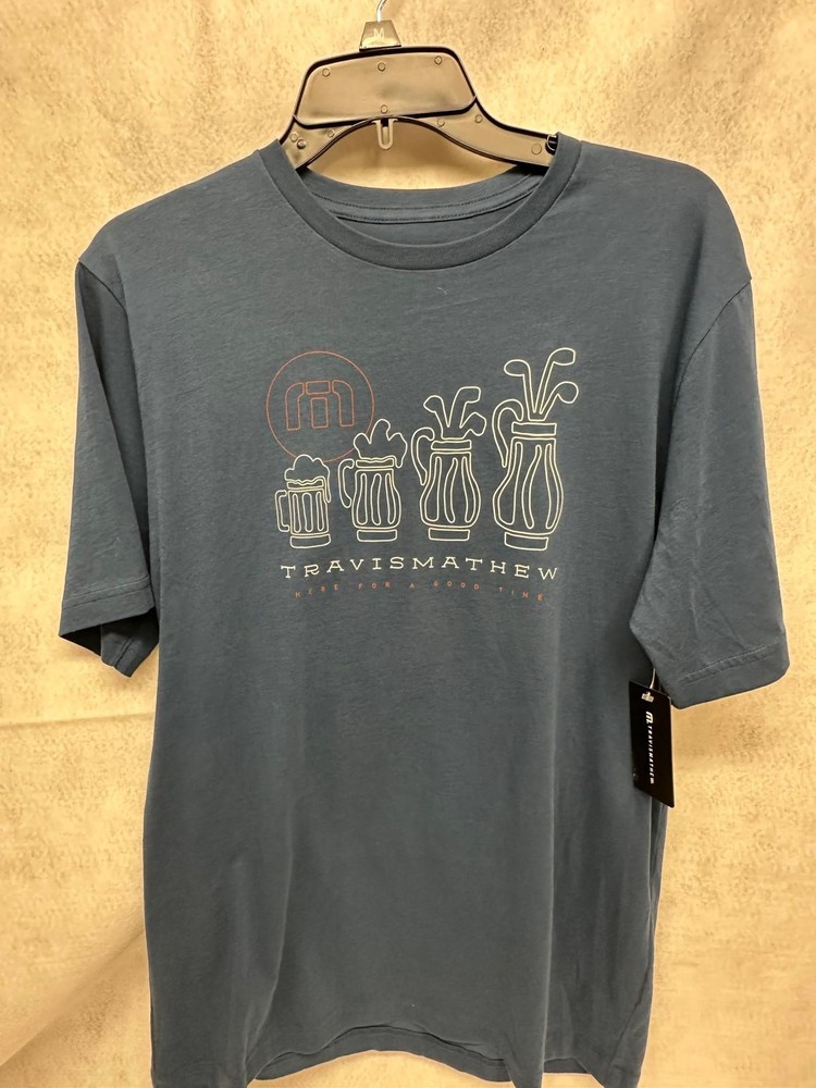NWT Travis Mathew Beerly Beloved Golf Tee Shirt Men Medium Blue Graphic Crewneck