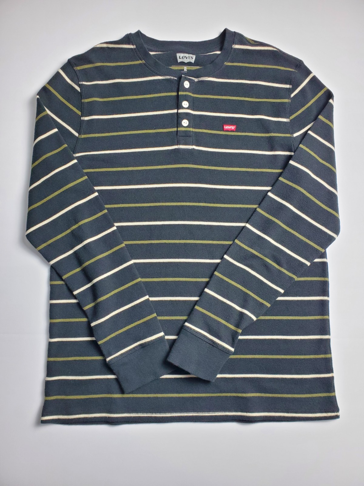 Levi’s Mens XL Thermal Henley Olive Green Stripe Waffle Knit Long Sleeve Shirt