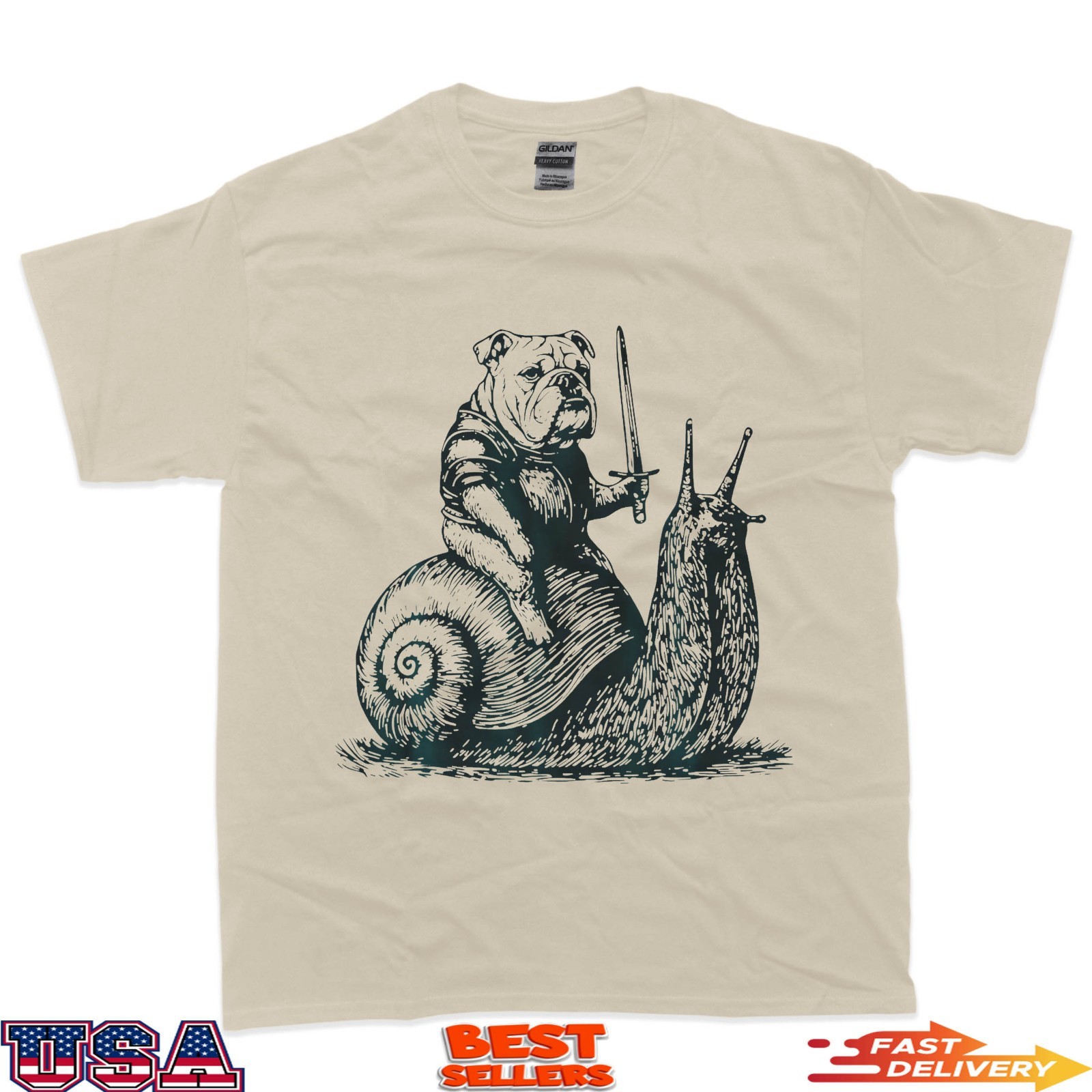 Medieval Bulldog Knight Riding Snail Vintage Funny Dog Meme T-Shirt gallery