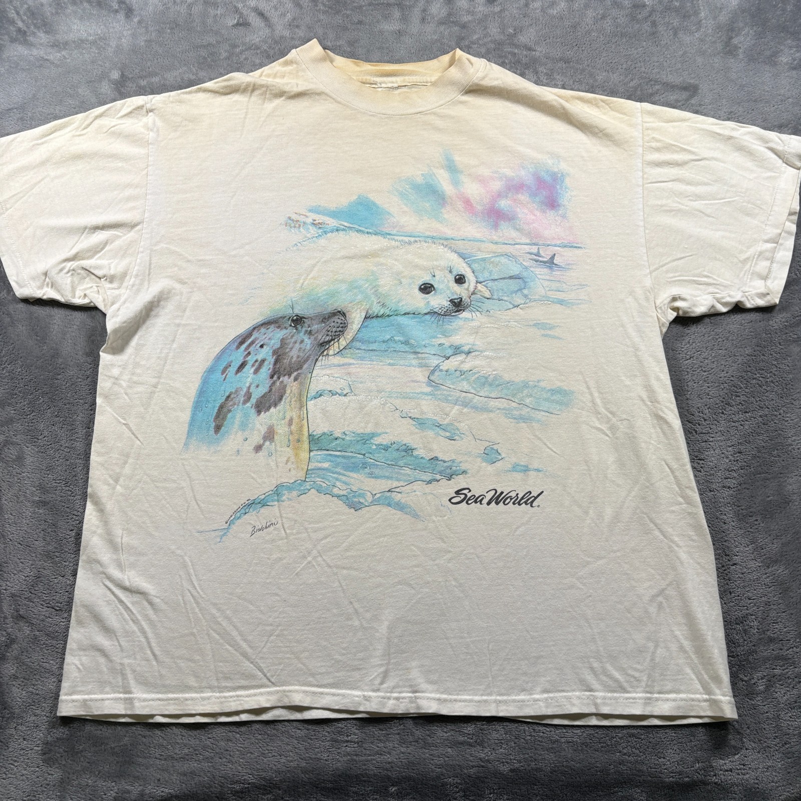 Vintage 1992 T-Shirt Mens XL Cream Seals Sea World Graphic Retro Casual Summer