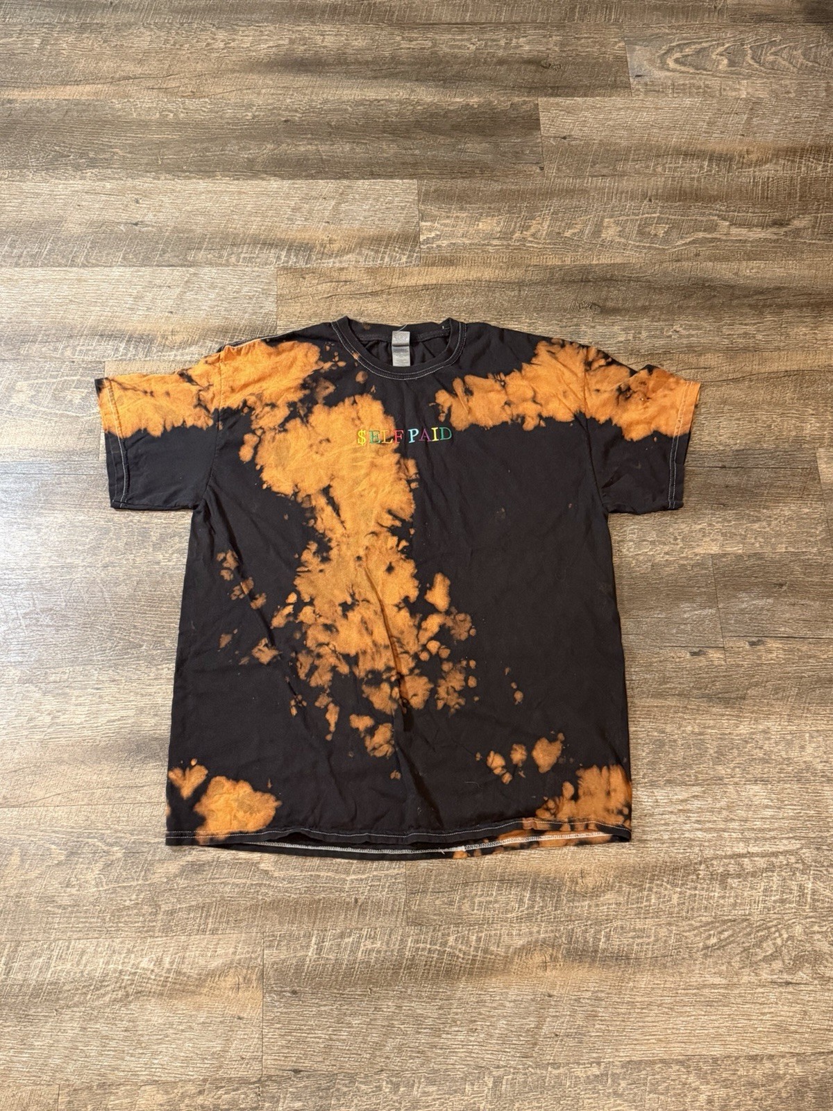 Self Paid Bleach Dye T Shirt Mens XL Black Orange Streetwear Graphic Tee