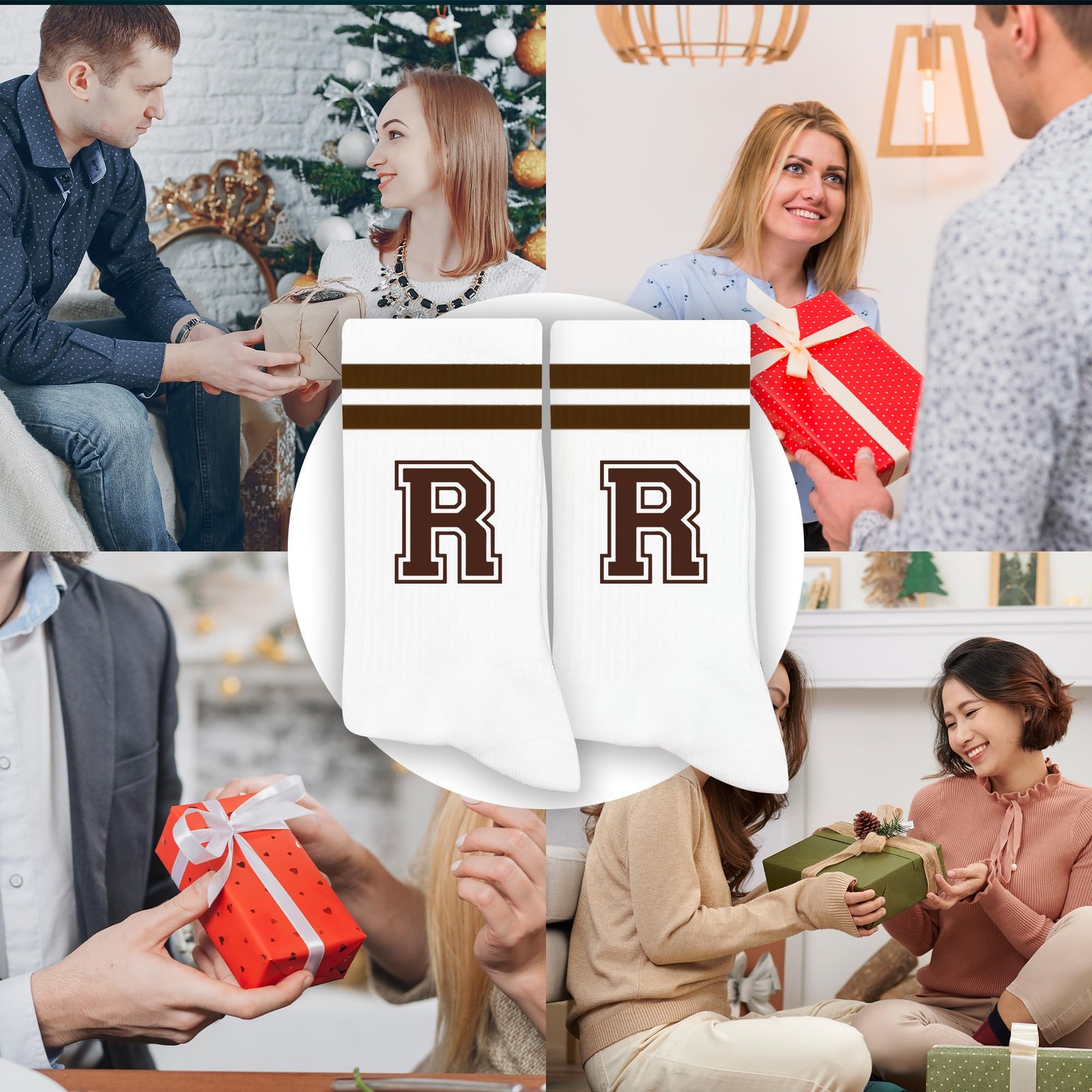 Brown Initial Stripes Socks with Letter R, Retro Athletic Style Socks, Person... gallery