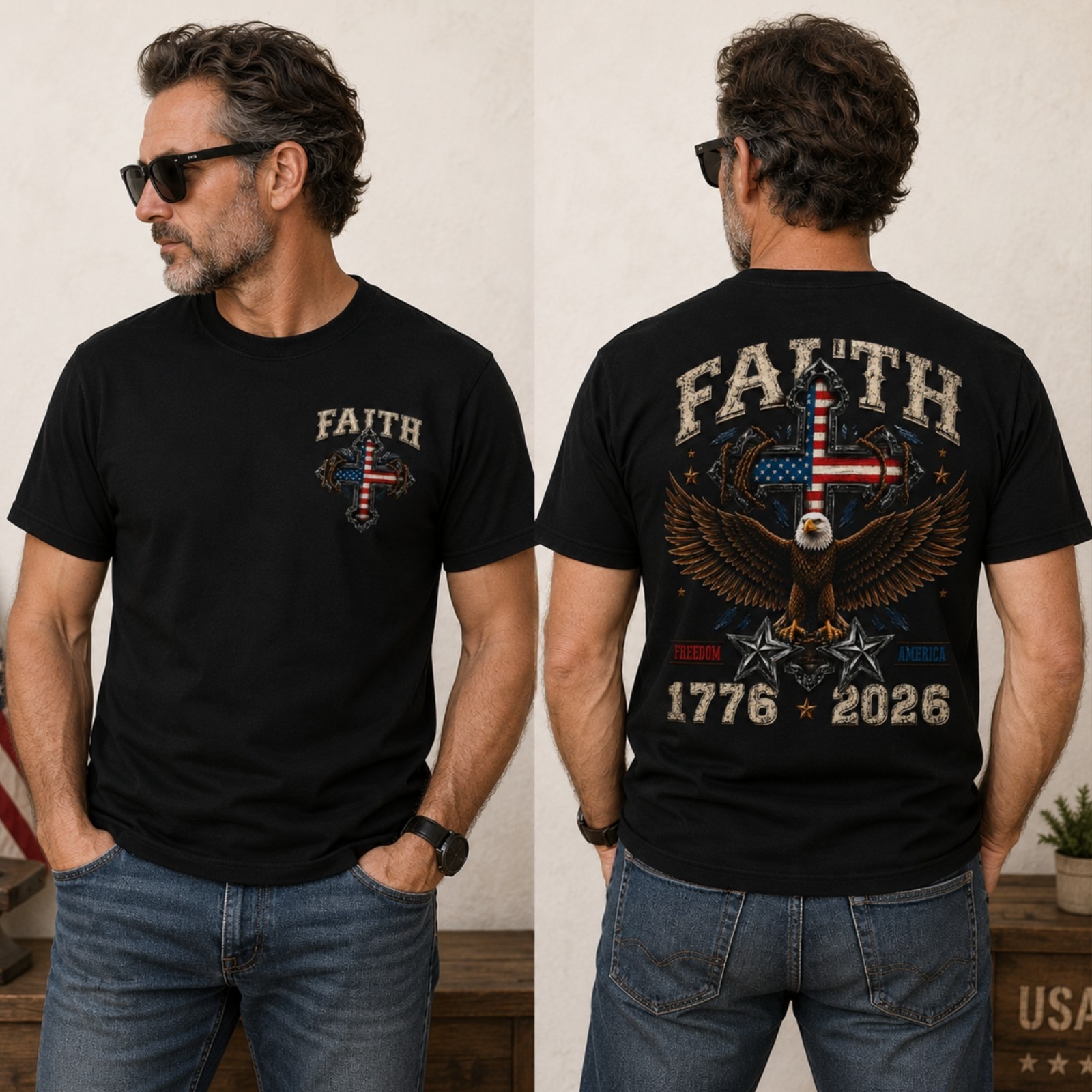 Faith Freedom America Shirt Patriotic Christian Cross Eagle 1776 2626 Tee(S-5XL) gallery