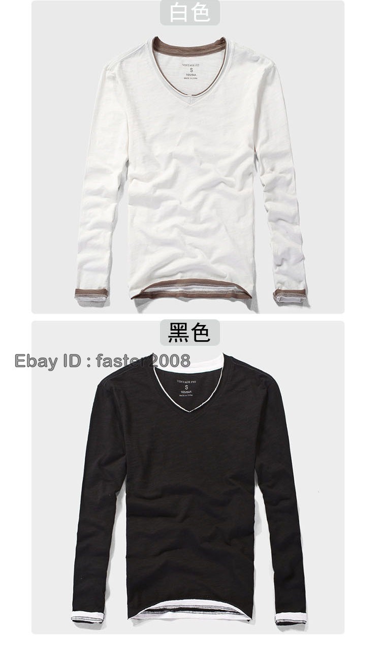 Hot Mens Long-Sleeved T-Shirts New Cotton V-Neck Solid Color Casual Slim Tops gallery