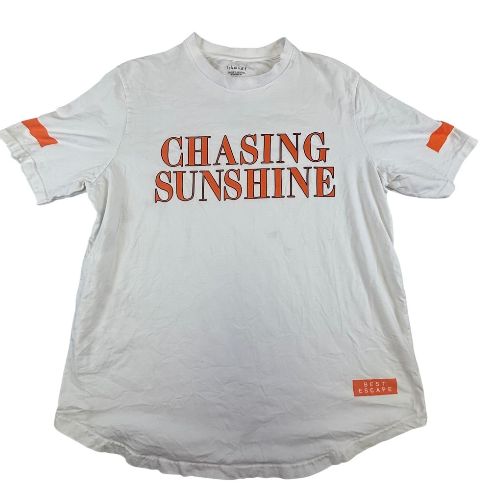 Splash Chasing Sunshine Graphic T-Shirt Mens XL White Orange Curved Hem Tee