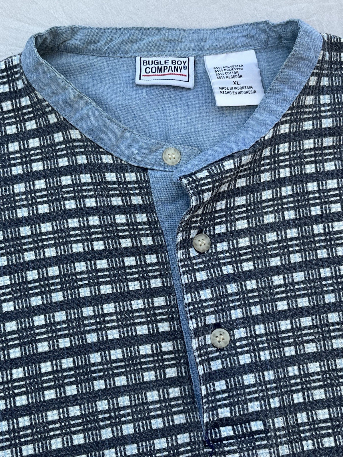 VTG Bugle Boy Henley Men XL Gray Gingham Ribbed Short Sleeve Mandarin Collar