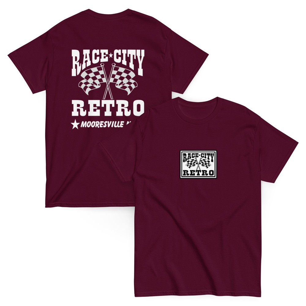 RACE CITY RETRO checkered flag logo TWO SIDED T SHIRT choose your color!