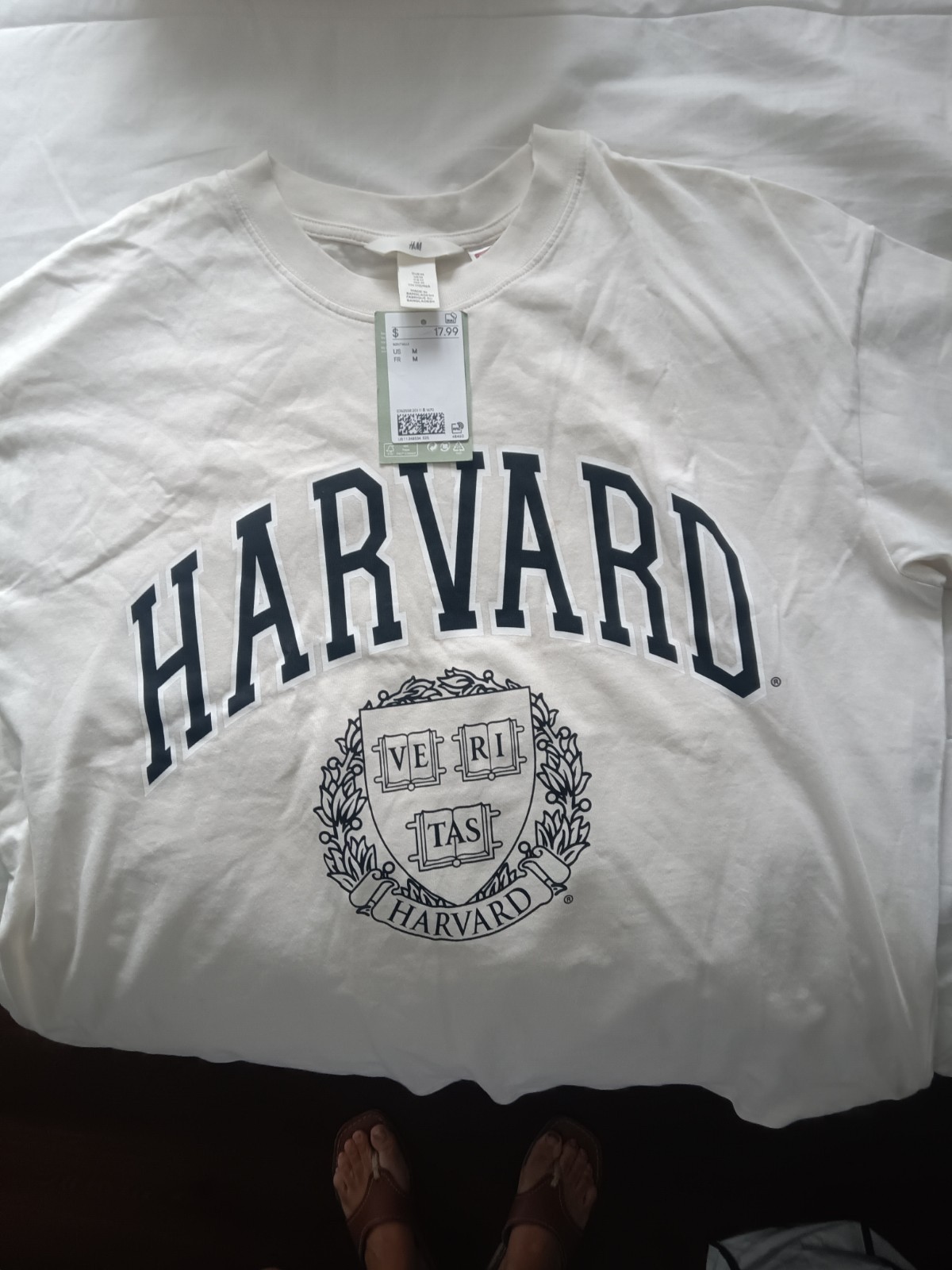 H&M Cream color Cotton Knit Harvard Graphic Logo Crew Neck Short Sleeve Tee gallery