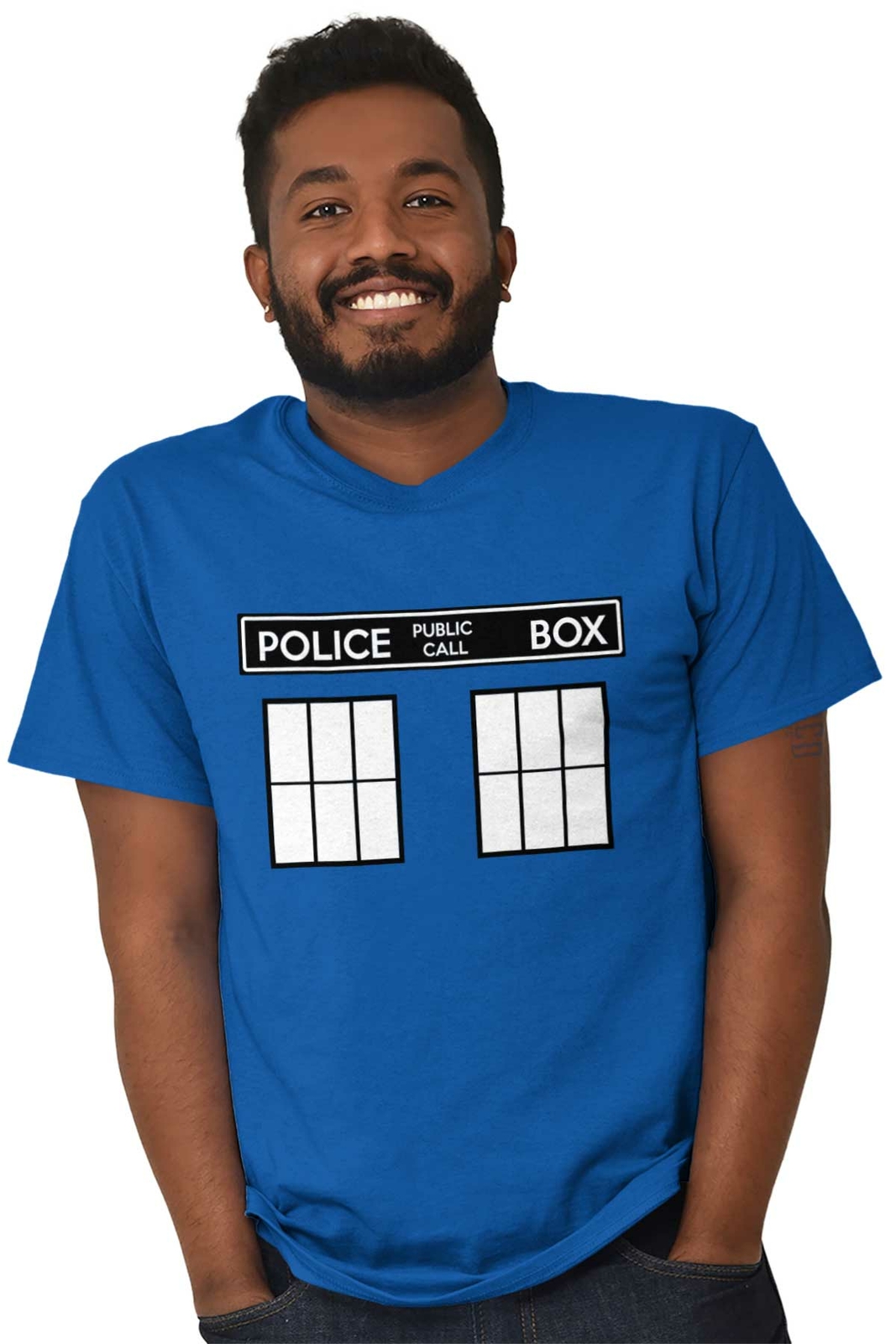 Police Box Time Travel Machine Who TV Show Womens or Mens Crewneck T Shirt Tee gallery