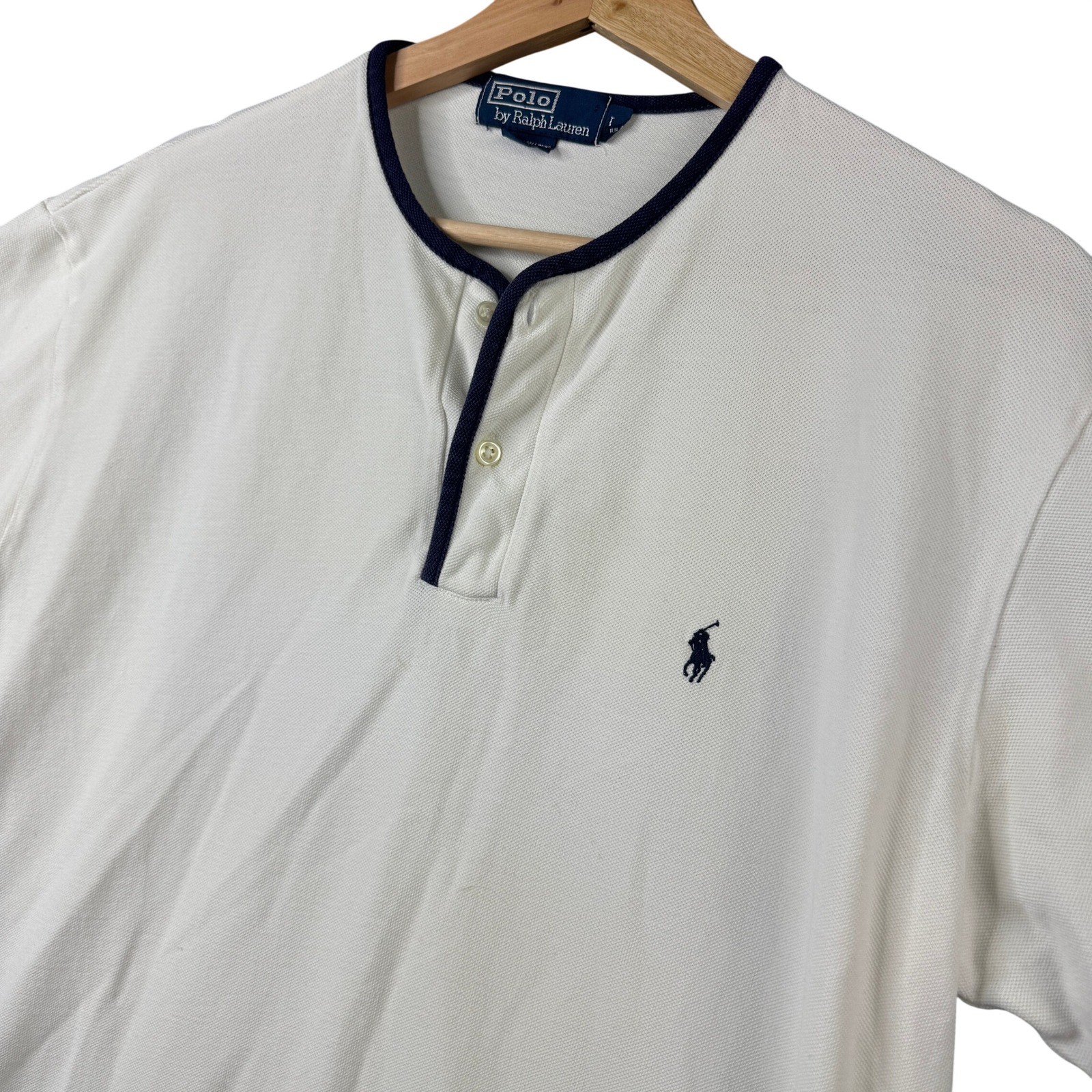 Polo Ralph Lauren Vintage Large White Henley Short Sleeve Pique T-Shirt L Trim gallery