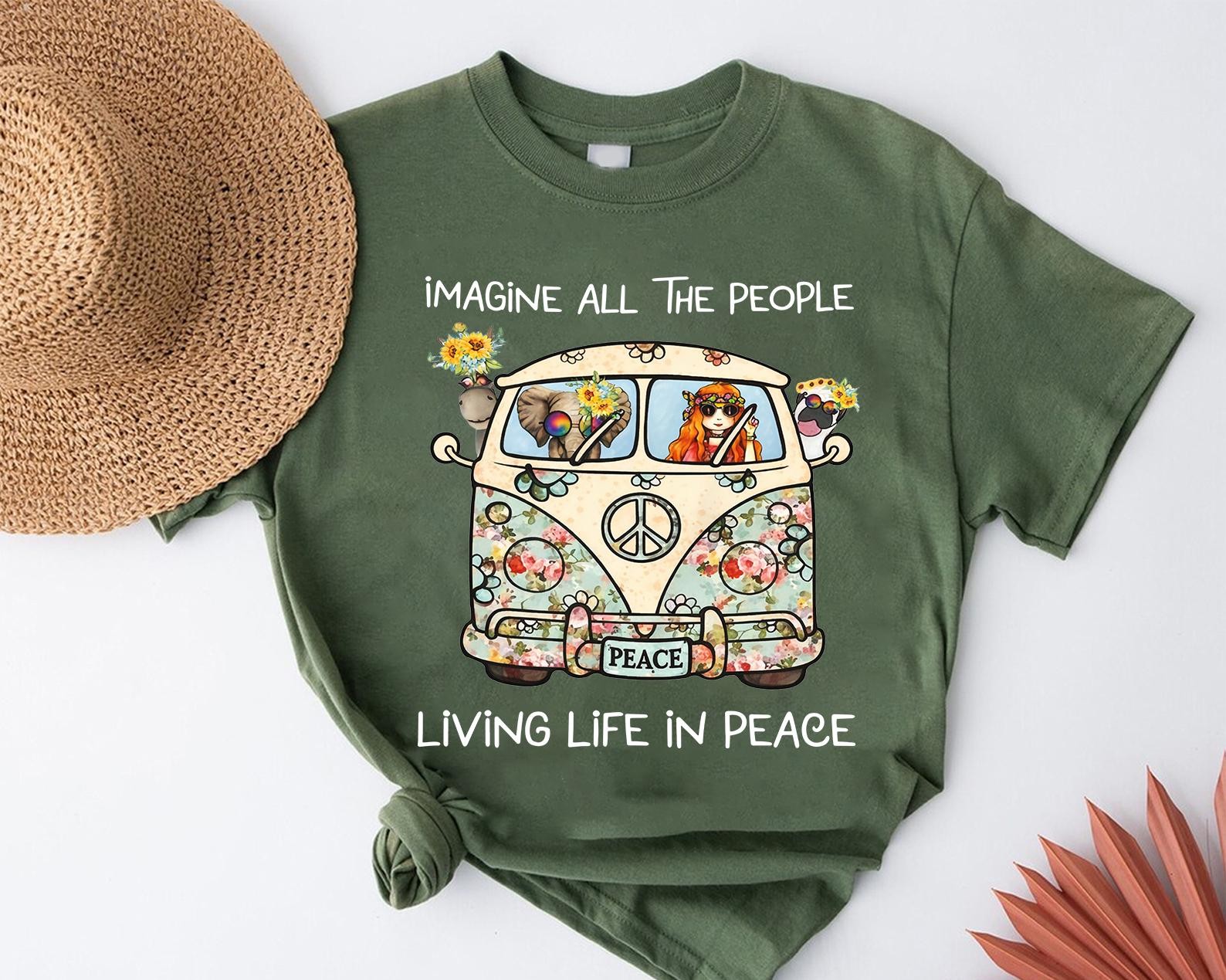 Imagine All The People Living Life In Peace Shirt Retro Hippie Flower Power