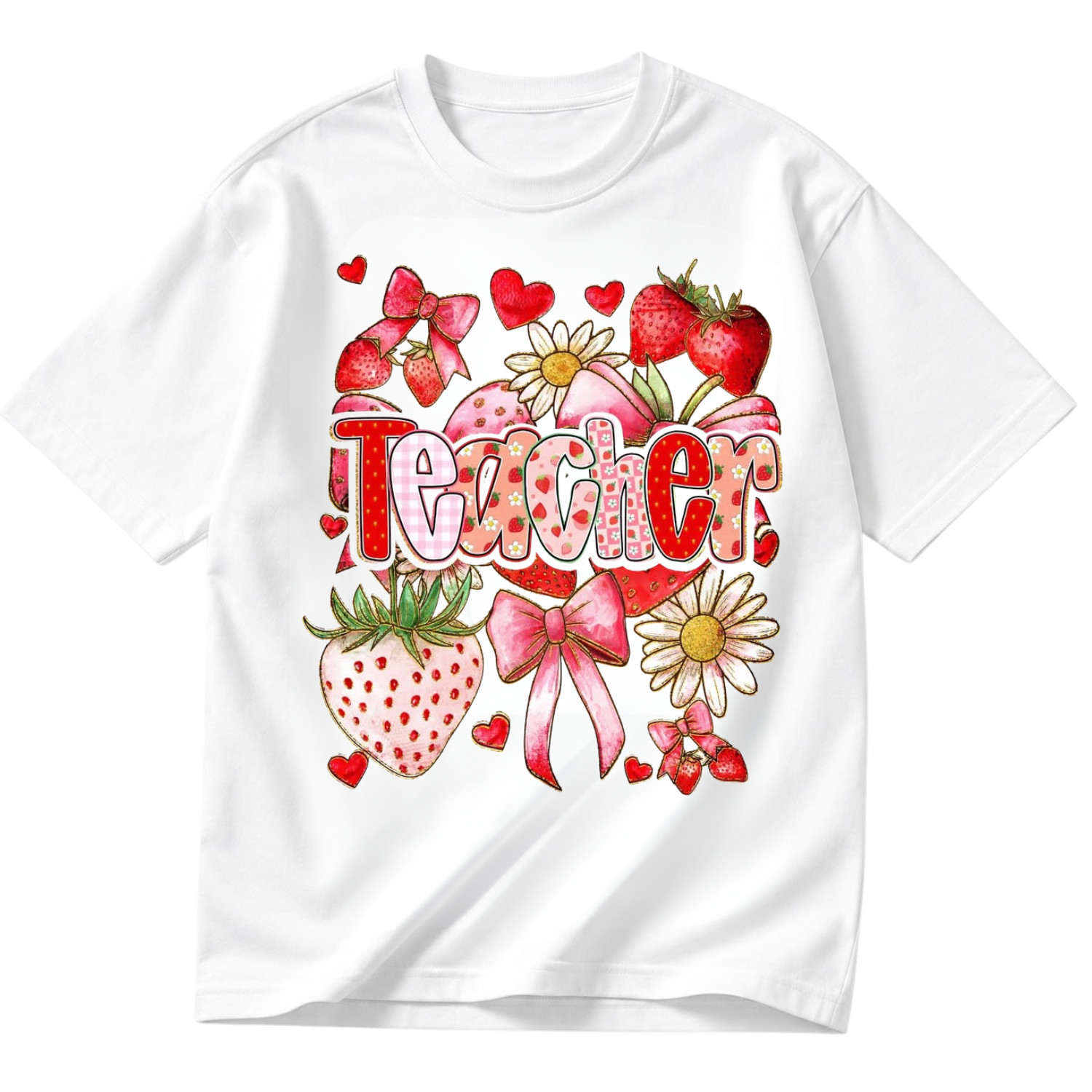 Teacher Shirt Cute Strawberry Floral Bow Graphic Tee Gift For Teacher S-5XL gallery