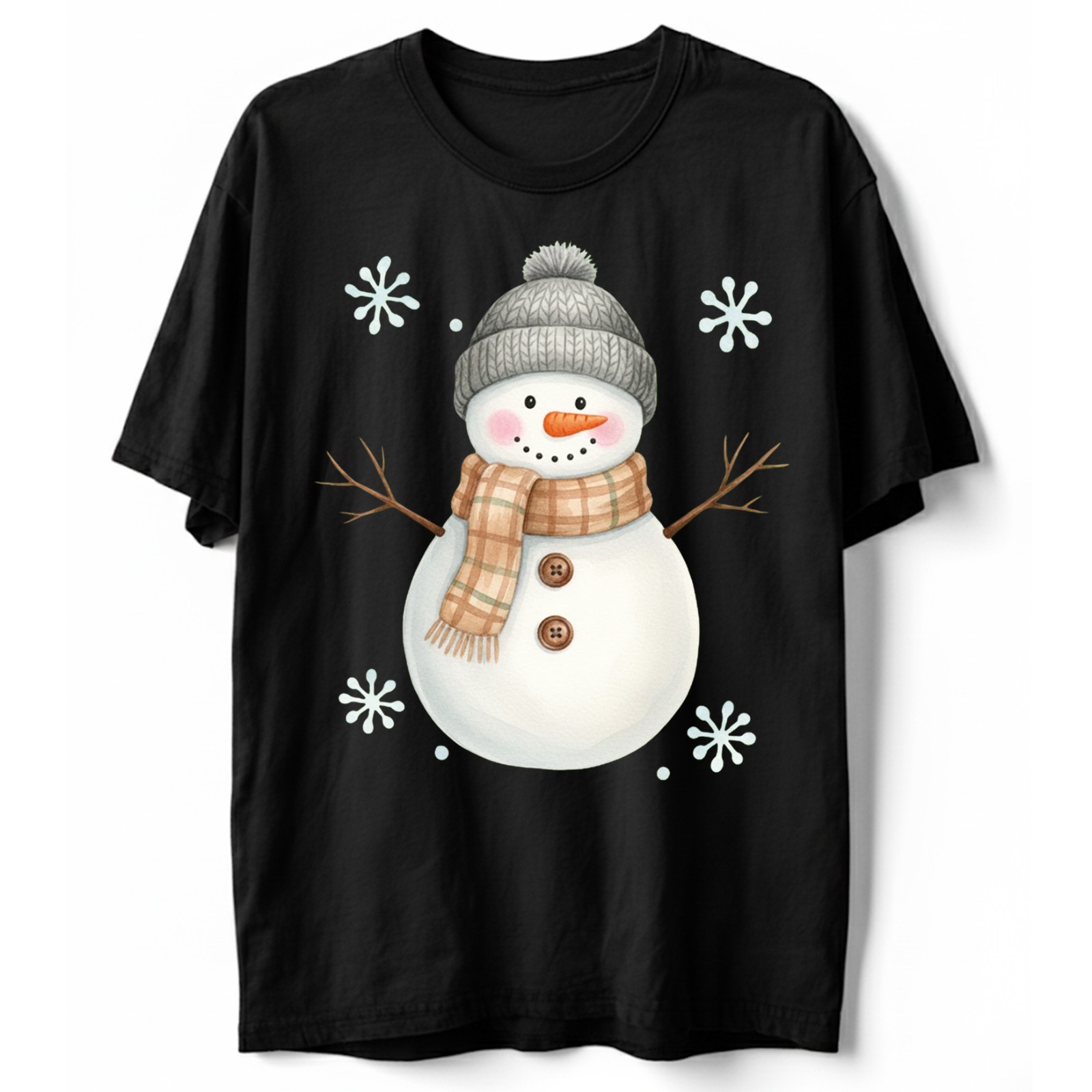 Cute Snowman T-Shirt Watercolor Winter Holiday Plaid Scarf Xmas Graphic Tee