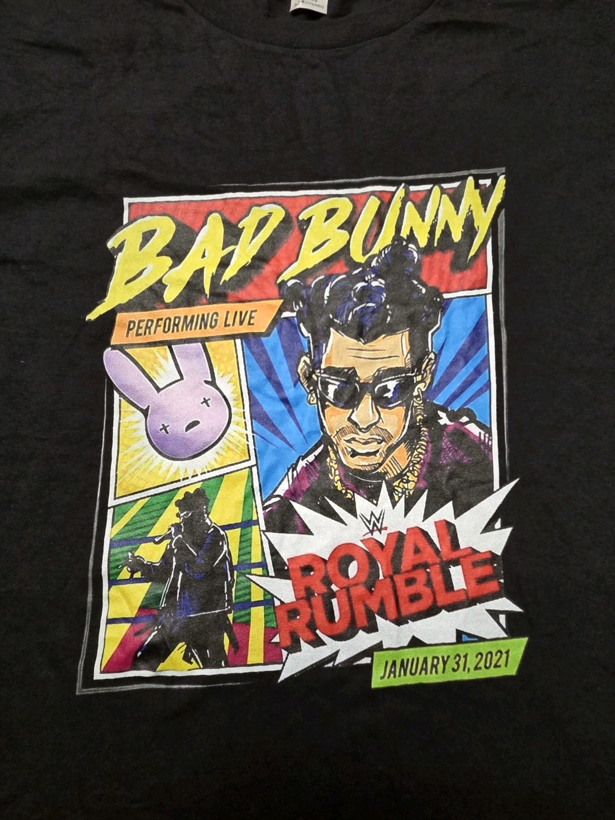 Bad Bunny WWE Royal Rumble 2021 T Shirt Mens Large Black Graphic Wrestling Tee gallery
