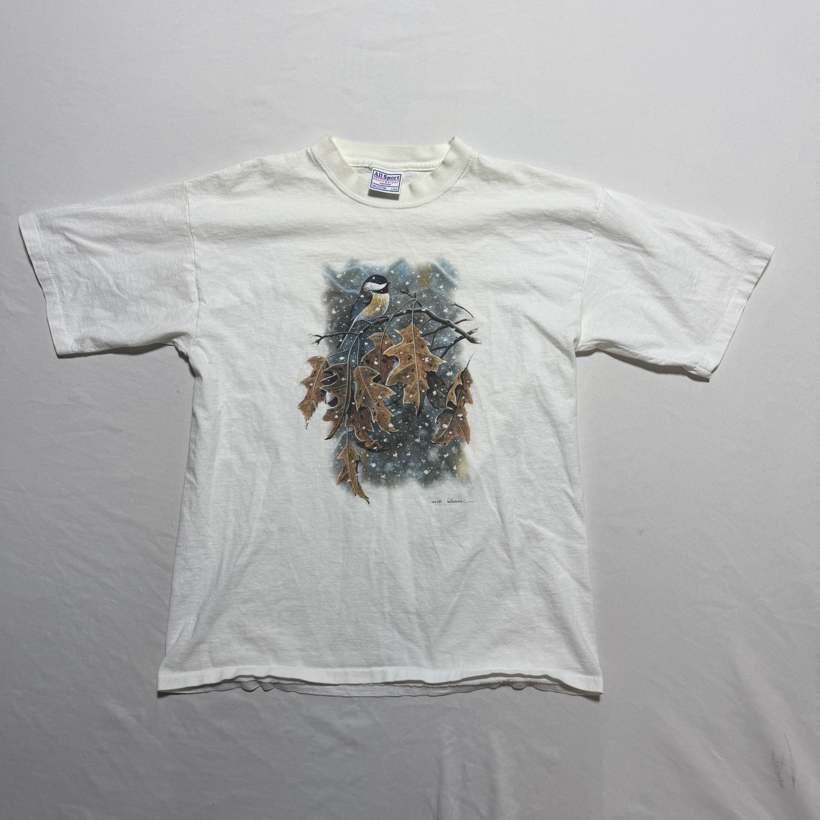 Vintage 90s David Wentzel Chickadee Wildlife Art T-Shirt L All Sport Nature Bird