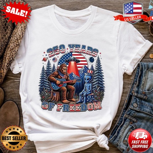 Patriotic Bigfoot Alien 250 Years of Freedom Bigfoot Plays Guitar T-Shirt S-5X gallery
