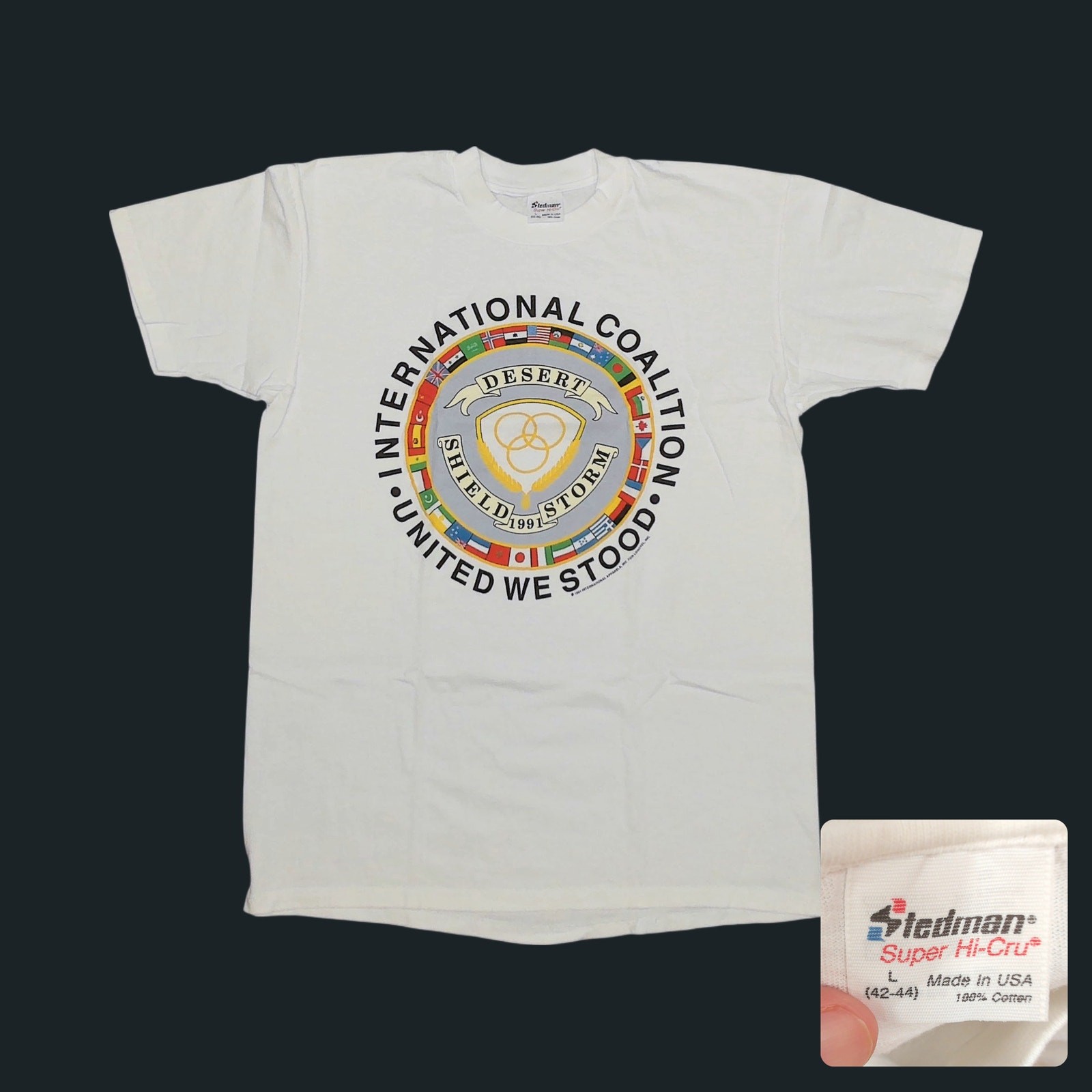 Vintage 1991 Desert Storm Shield T-Shirt Mens L Stedman Single Stitch White gallery