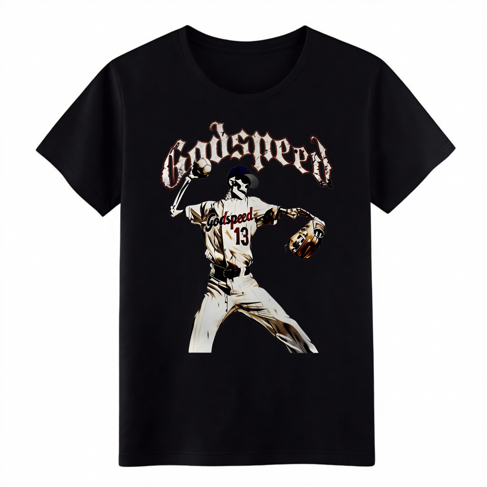 Godspeed Skeleton Baseball Pitcher T-Shirt Gothic Sports Graphic Streetwear Tee