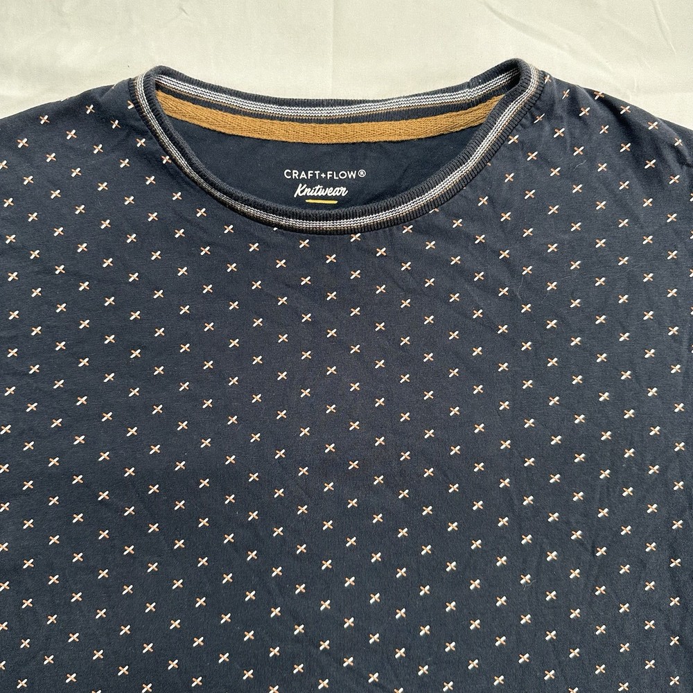 Craft & Flow Knitwear Shirt Men’s L Blue Gold Geometric Accents Short Sleeve