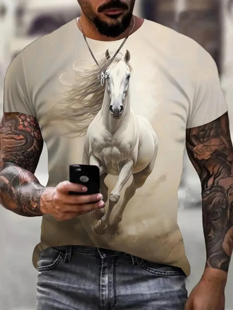 Mens 3D Horse Graphic T-Shirt Short Sleeve Animal Print Streetwear Tee gallery