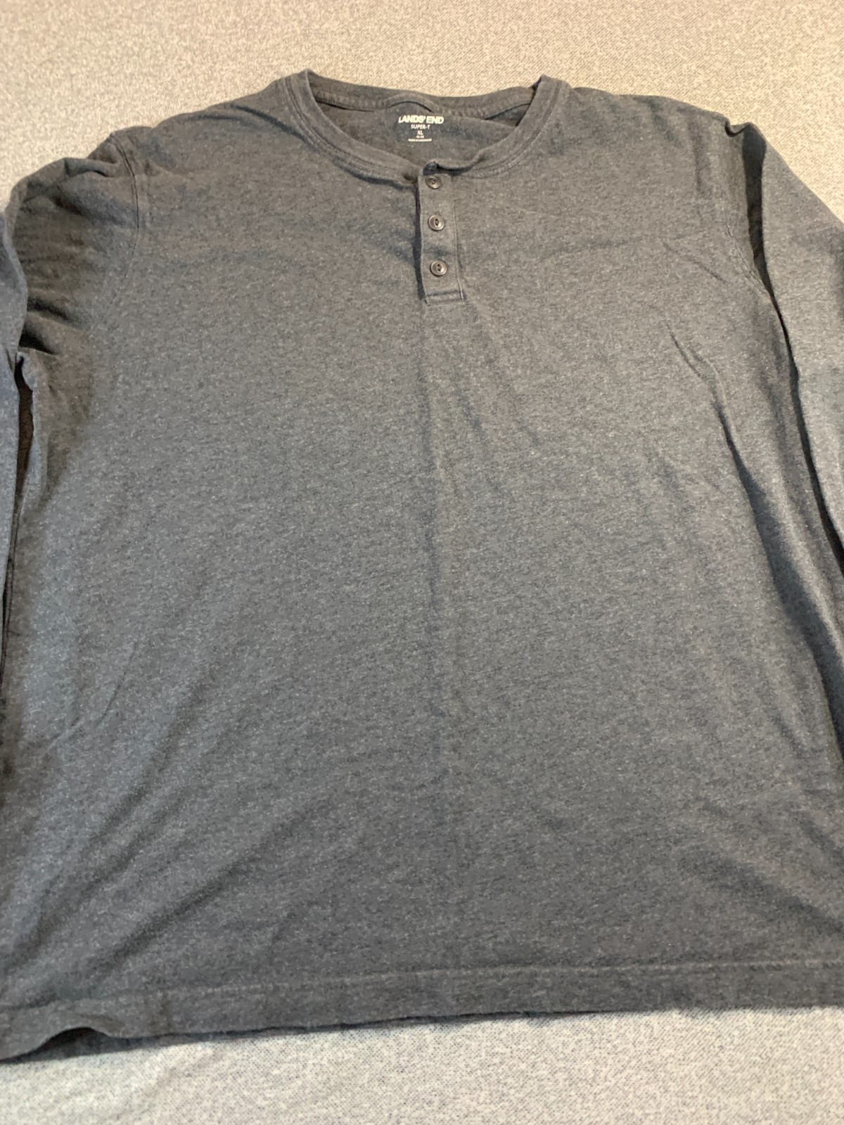 Lands' End Super-T Top Men's XL 46-48 Gray Rib-Knit Cuff Long Sleeve Henley Neck gallery