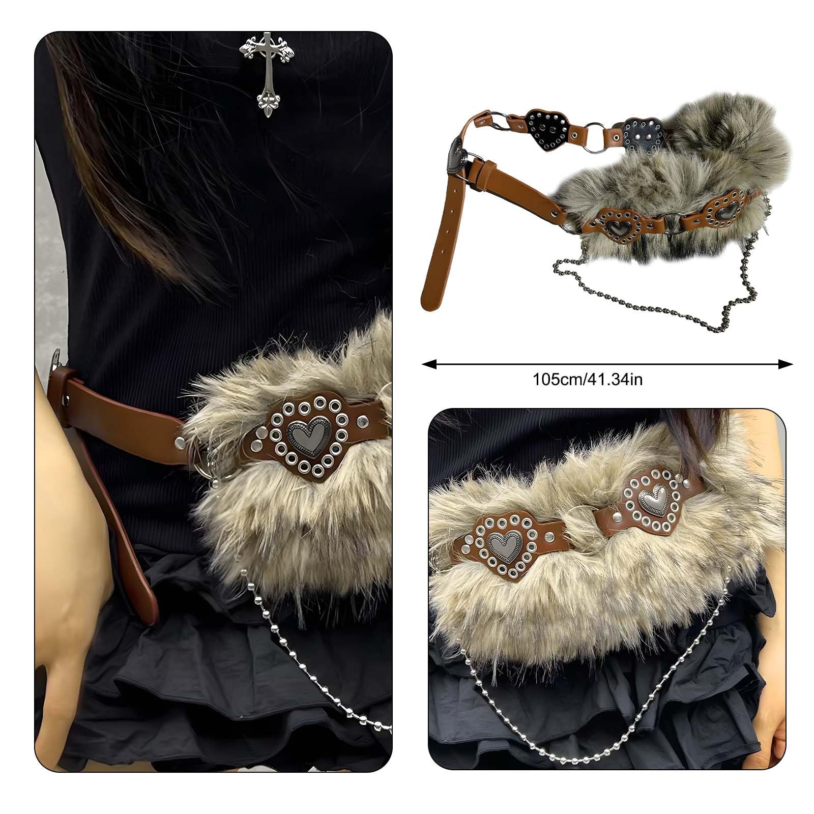 Faux Fur Belts with Heart, Western Punk Grunge Style, Adjustable PU Leather W... gallery
