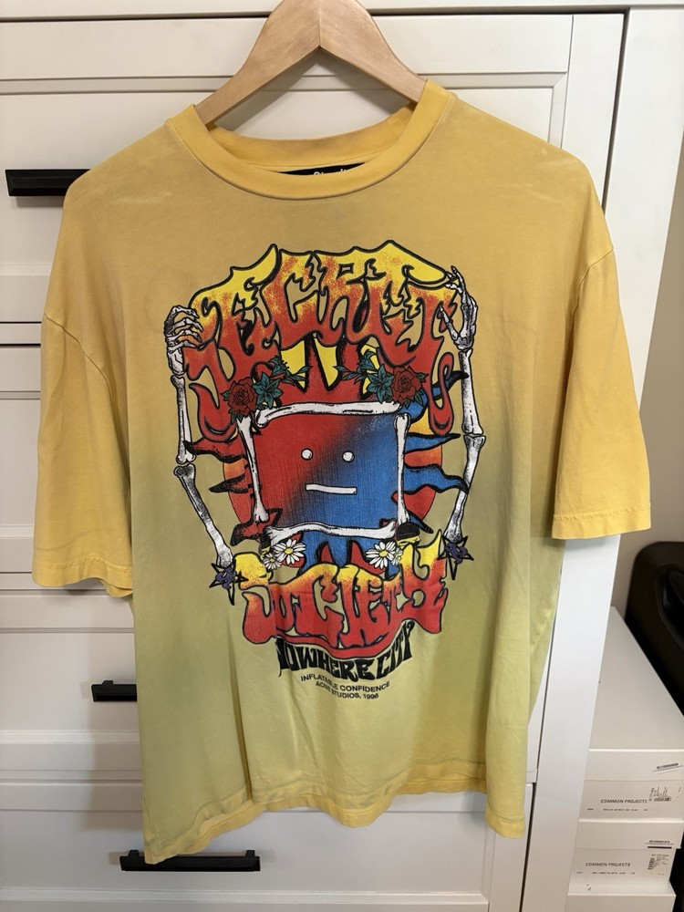 $340 Acne Studios Enrik Grateful Sun Oversized Face T-Shirt in Yellow S/M