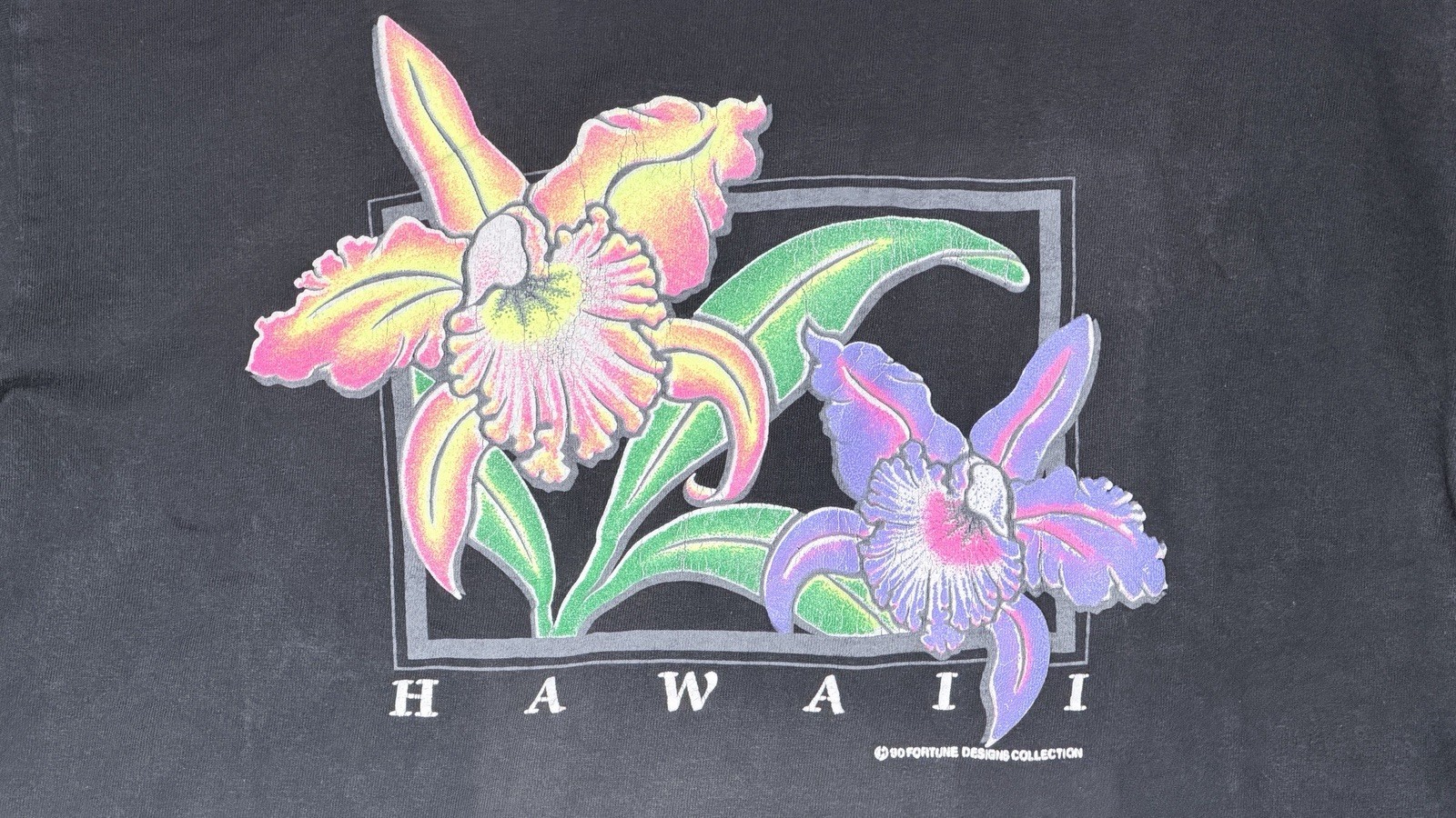 Vintage 90s Hawaii Orchid Floral Graphic T-Shirt Black - Softee TeeJays - Sz L gallery