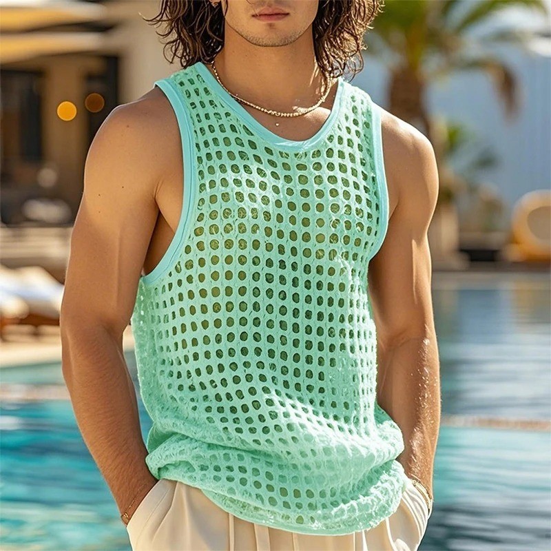 American Style Men Tops Popular Vacation Hollow Out Mesh Vests Sexy Sleeveless gallery