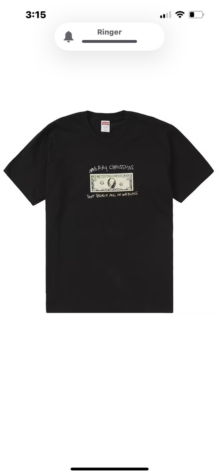 Supreme Christmas Tee 2021 “Dont Spend It All In One Place” Size S Black