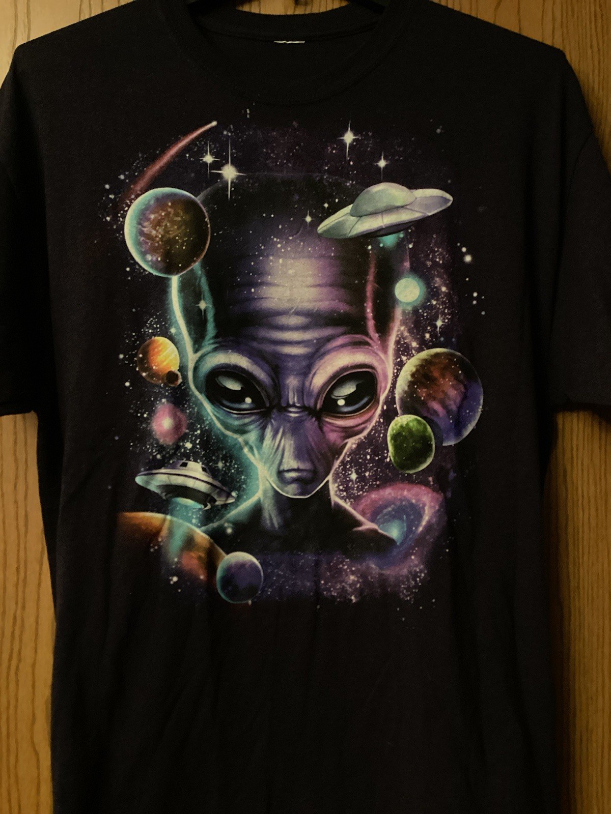 Alien Headshot With Planet Images – Purple Shirt – No Tag – 29.5” x 23”
