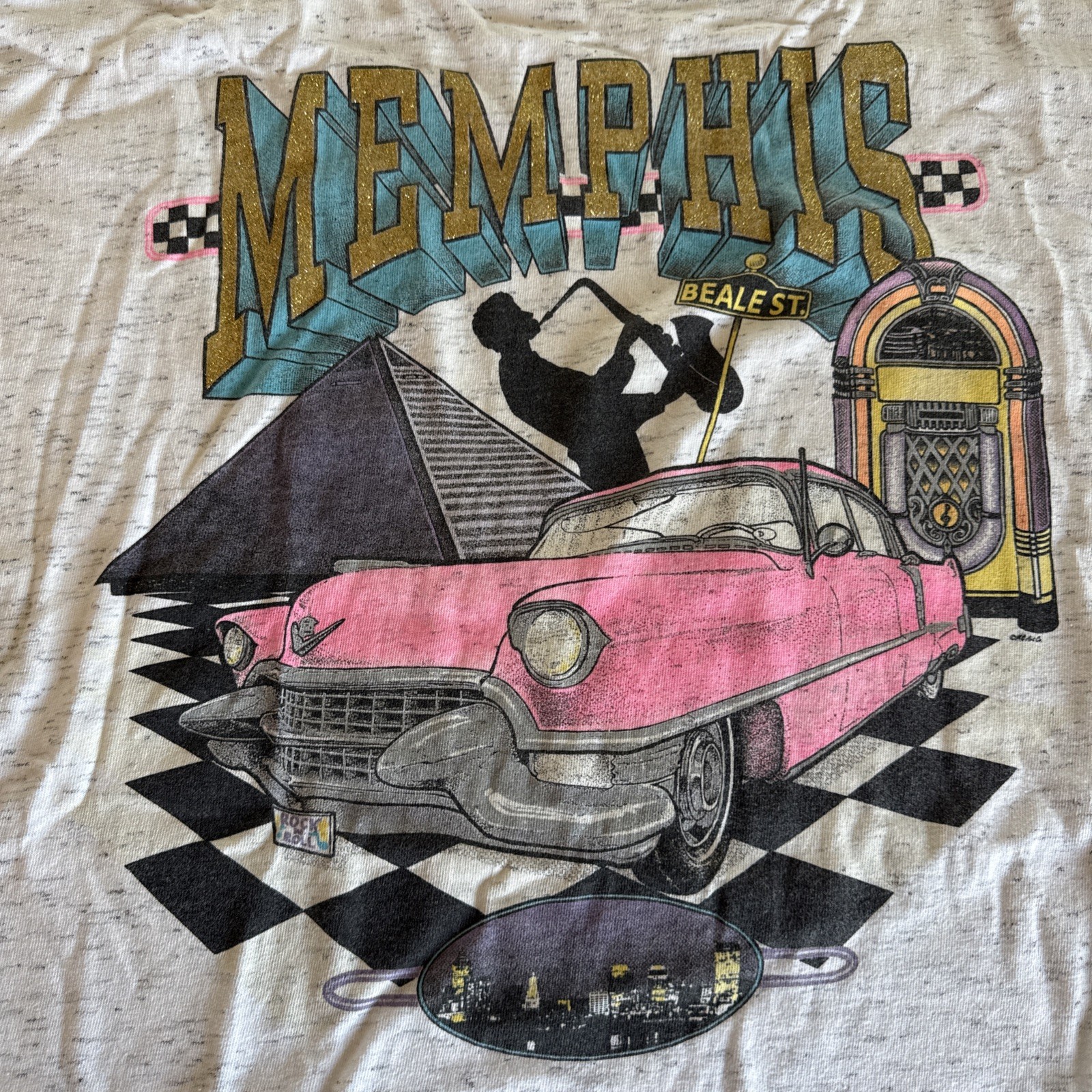 Vtg Memphis Beale Street T-shirt men Sz 2XL Pink Cadillac Glitter Jukebox Gray
