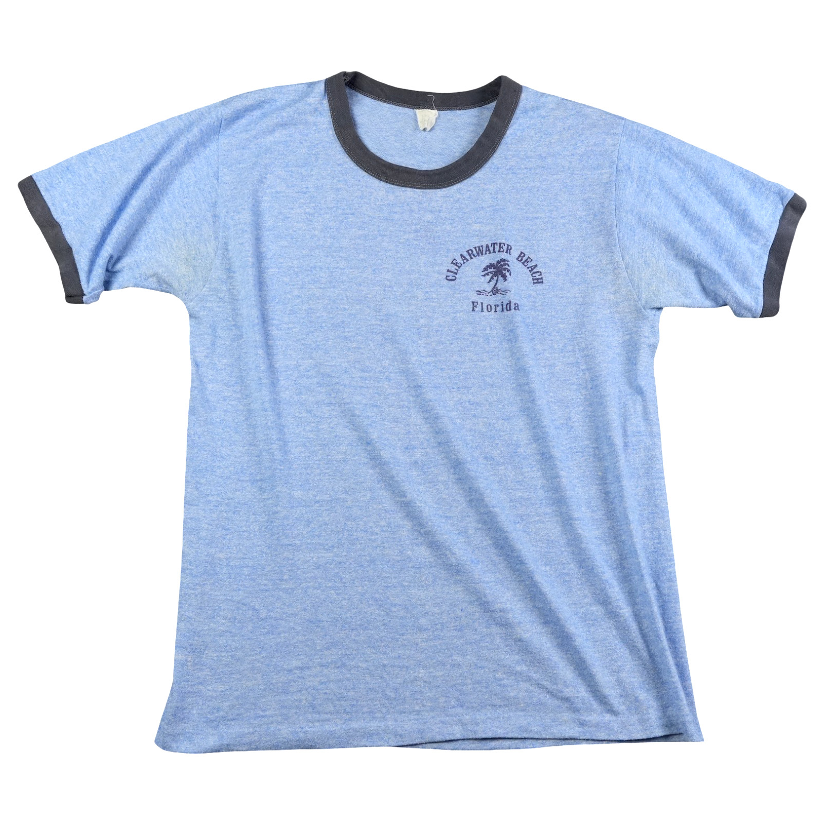 Vintage Ringer T Shirt 70s XL (S/M) Blue Florida Clearwater Beach Spring Break