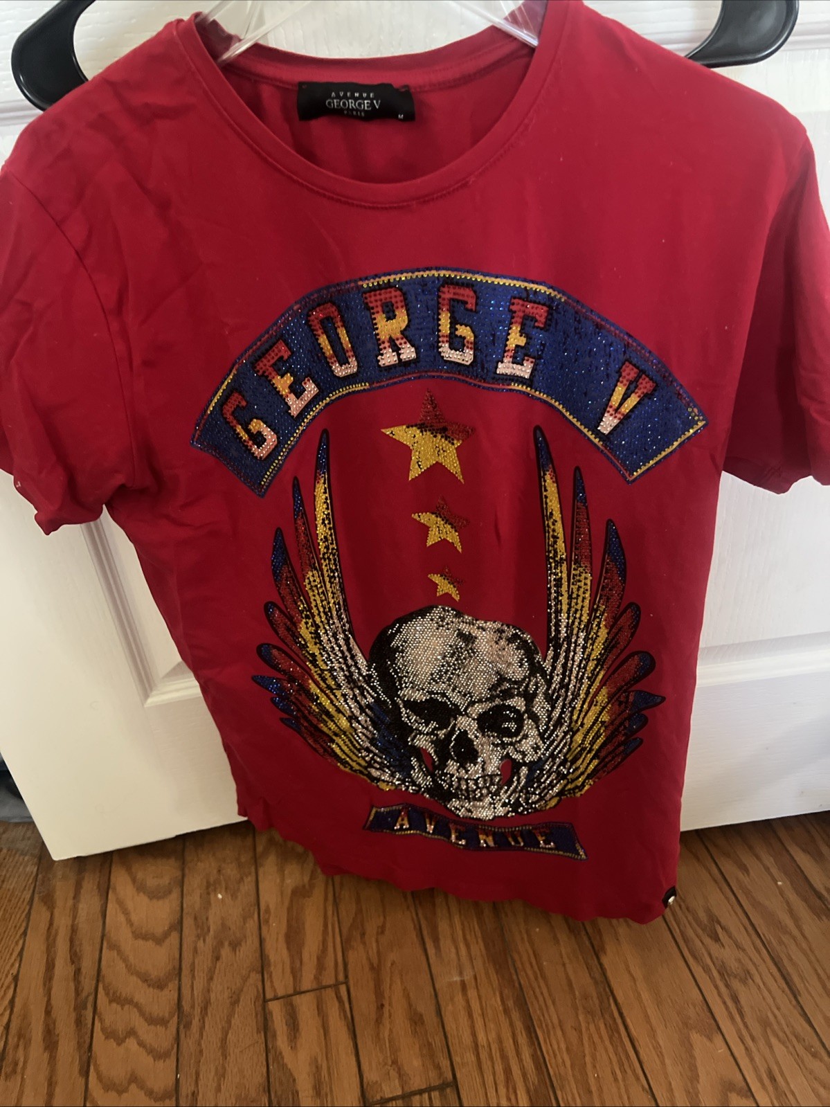 Avenue George V Paris Men's Short Sleeve Red T-shirt Skull rhinestone M gallery