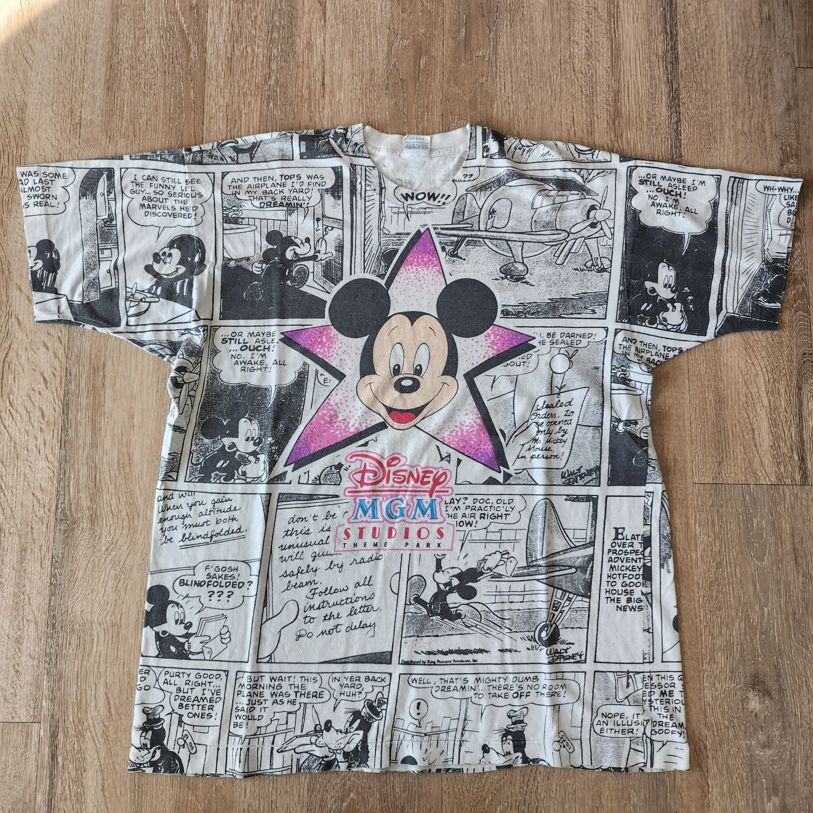 Vintage 90s Disney MGM Studios Comic Strip AOP Mickey Tshirt OSFA Single Stitch