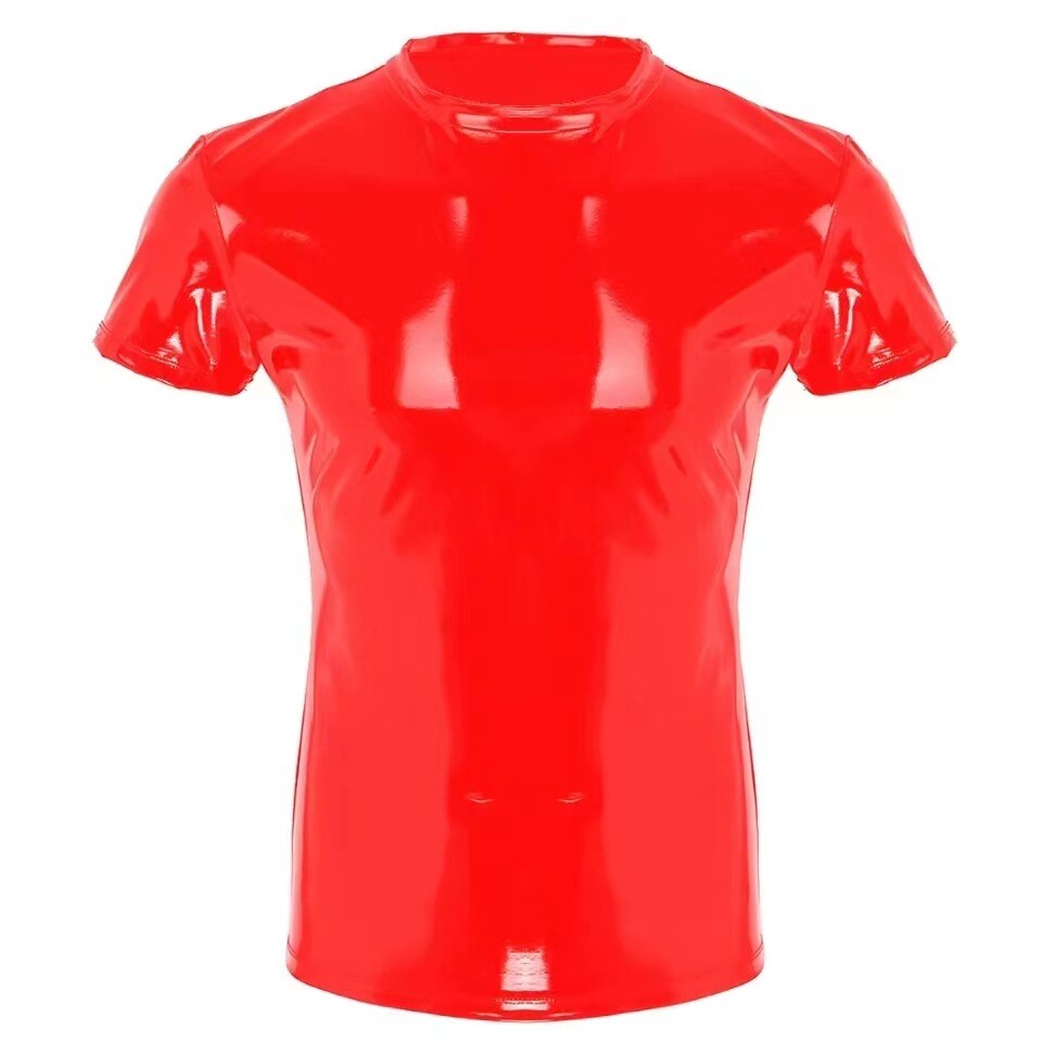 Mens PU Leather T-Shirts Short Sleeve Shiny Tees Tops Dance Clubwear PVC Wetlook gallery
