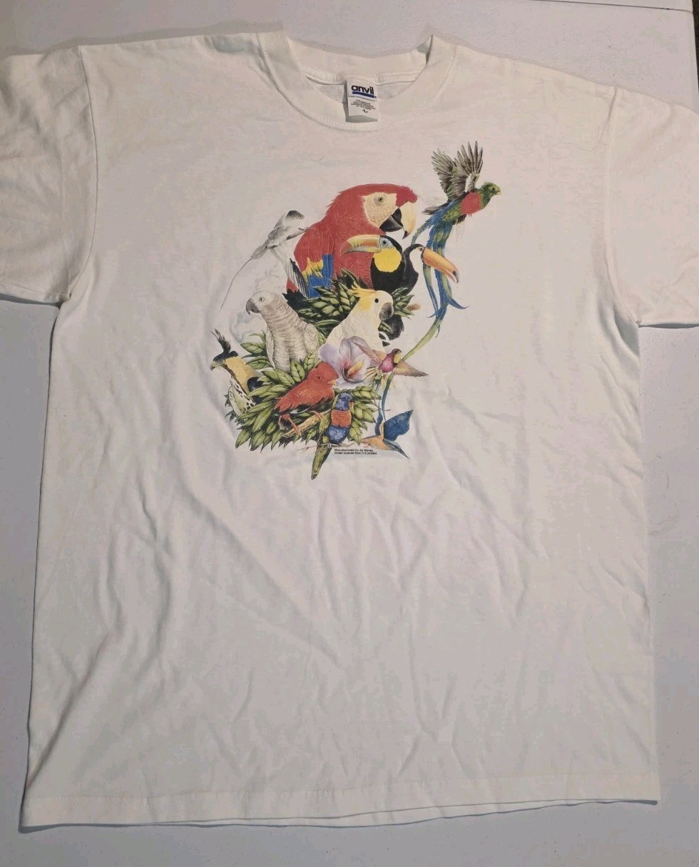 Vtg Birds Of The Tropics Shirt L Nature Art Grunge Y2k Parrot