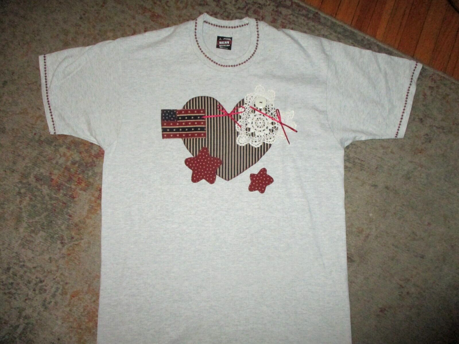vtg 80s 90s EMBROIDERED APPLIQUE T SHIRT Heart USA Flag Lace Country Charm Large gallery