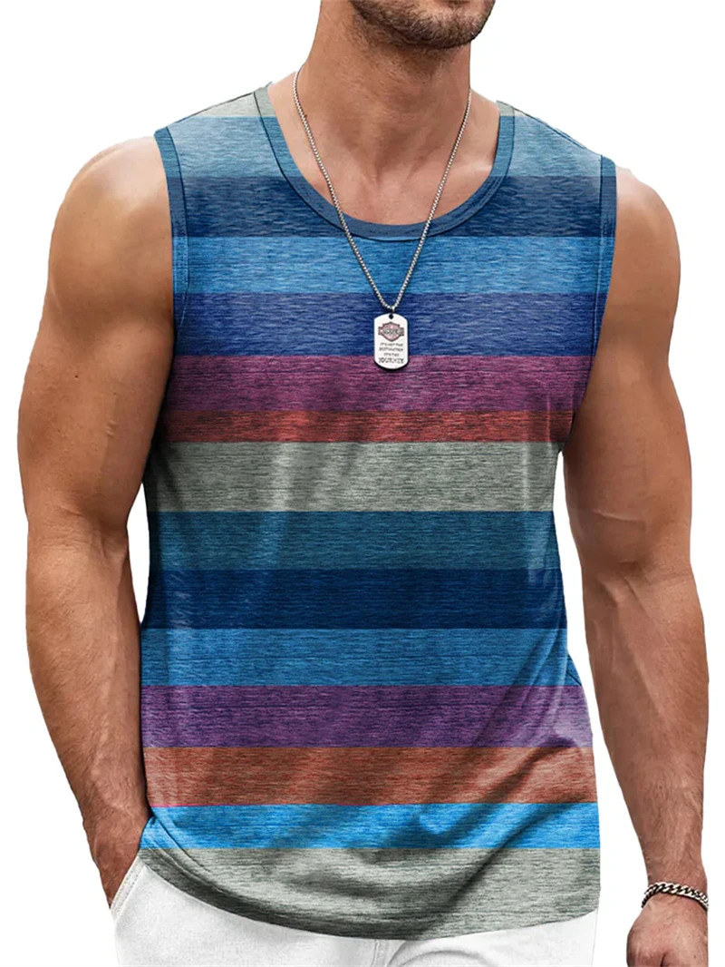 Retro Striped 3D Graphic Tank Top for Men – Sleeveless Quick-Dry Summer Vest gallery