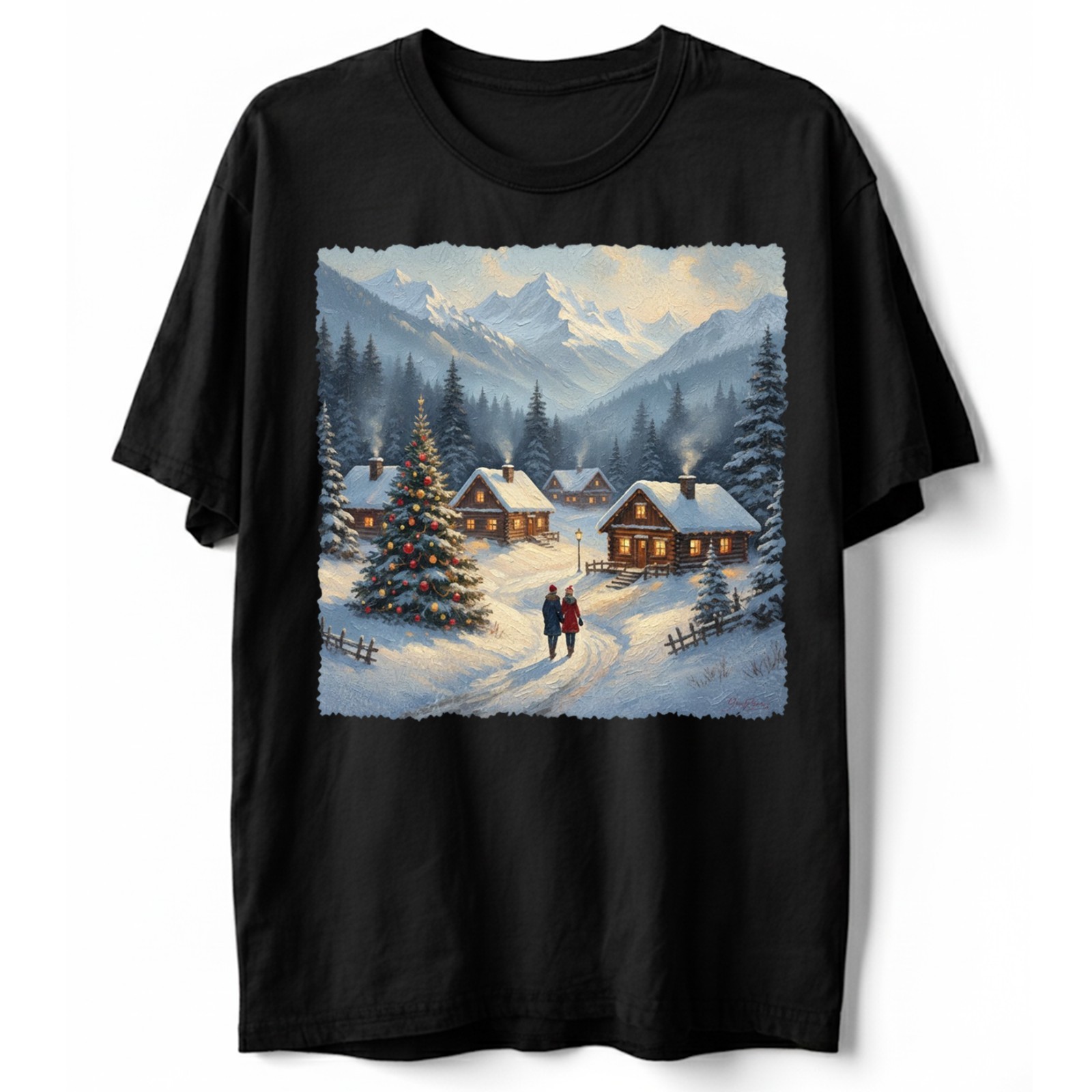 Cozy Winter Village T-Shirt Christmas Log Cabin Snow Scene Mountain Holiday Art