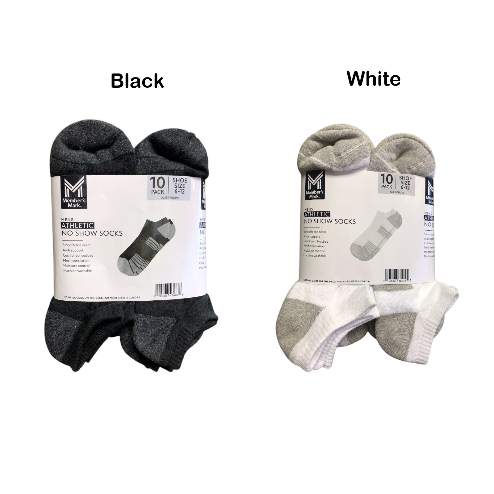Member’s Mark Men’s Athletic No Show Socks, 10 Pack, Shoe Size 6-12