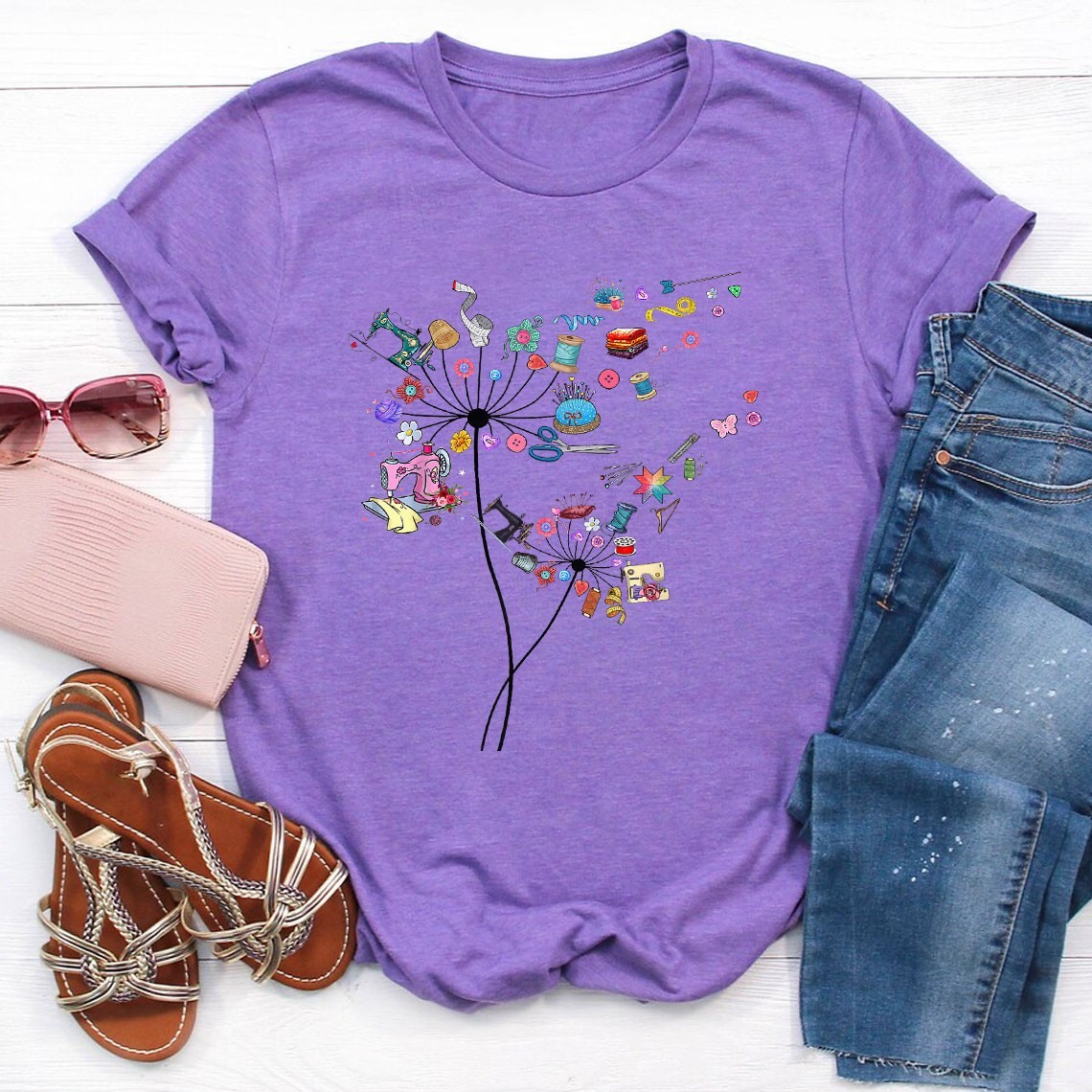 Cute Sewing Dandelion Quilting Flowers Quilter Sewing T-Shirt Tee gallery