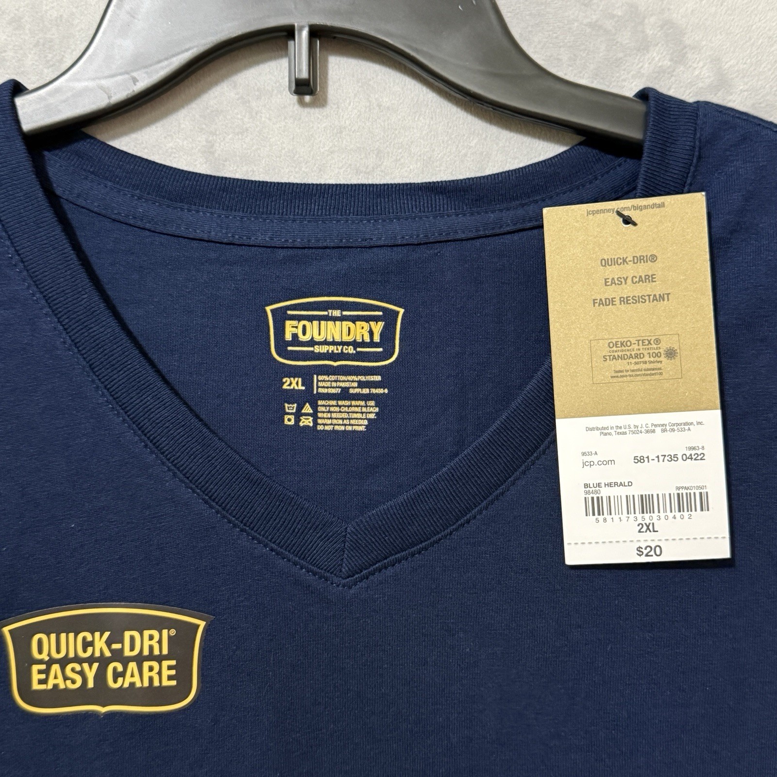 Foundry V-Neck T-Shirt Men's 2XL Navy Blue Quick Dry Easy Care Cotton Blend NWT gallery