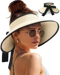 Sun Visors For Women Wide Brim Beach Hat Foldable Straw Ponytail UPF 50+