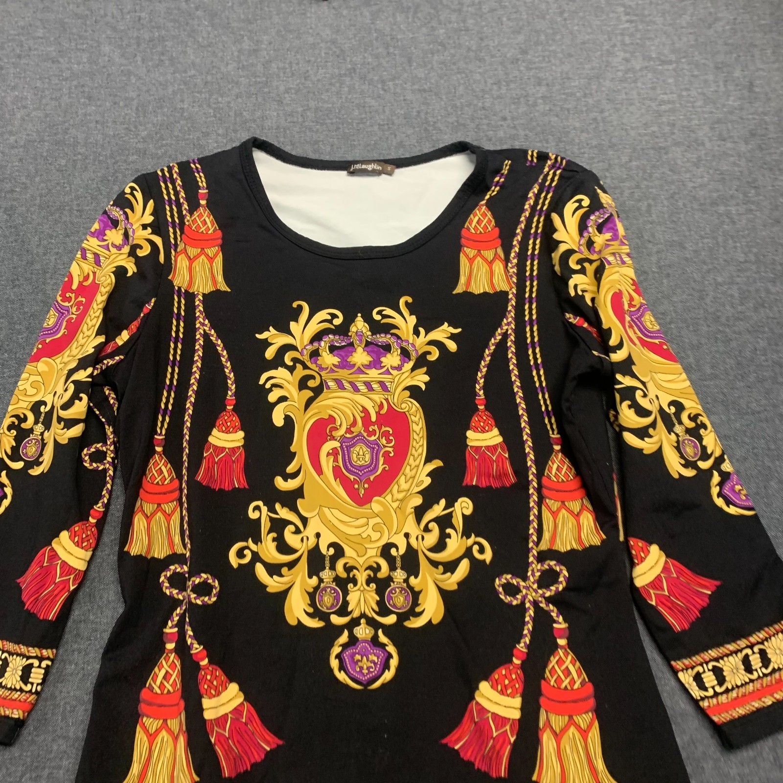 J.McLaughlin Women’s Shirt Size S Black Gold Ornate Print Nylon Blend gallery