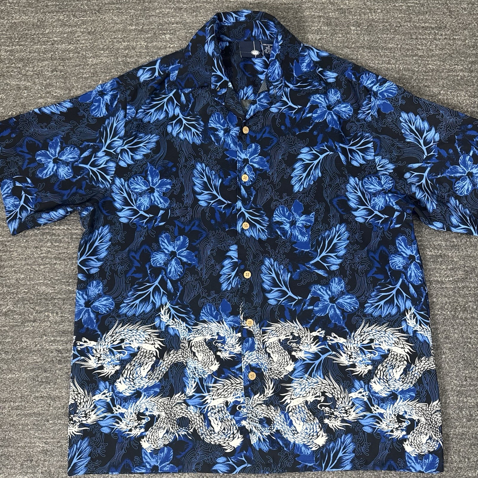 Vintage X9 Shirt Men Medium Blue Tropical Japanese Dragon Tattoo Y2K Skater Surf