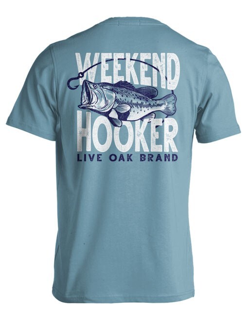Live Oak Brand Weekend Hooker Bass Fishing T-Shirt, Blue, Graphic Print, Size M